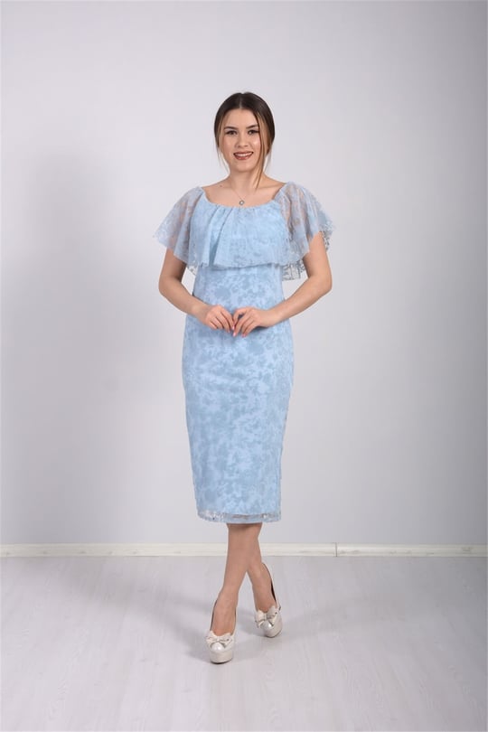 Flok Baskı Dantel Elbise - Buz Mavi | Giyim Masalı