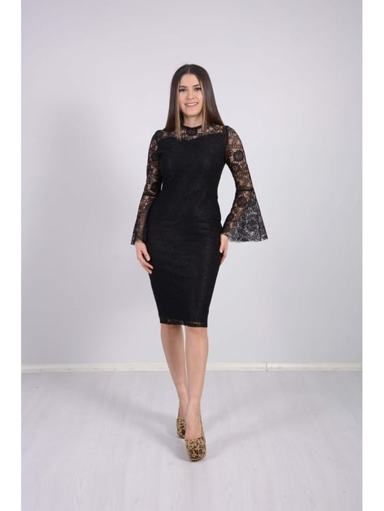 فستان قصير دانتيل بأكمام - أسود | Giyim Masalı