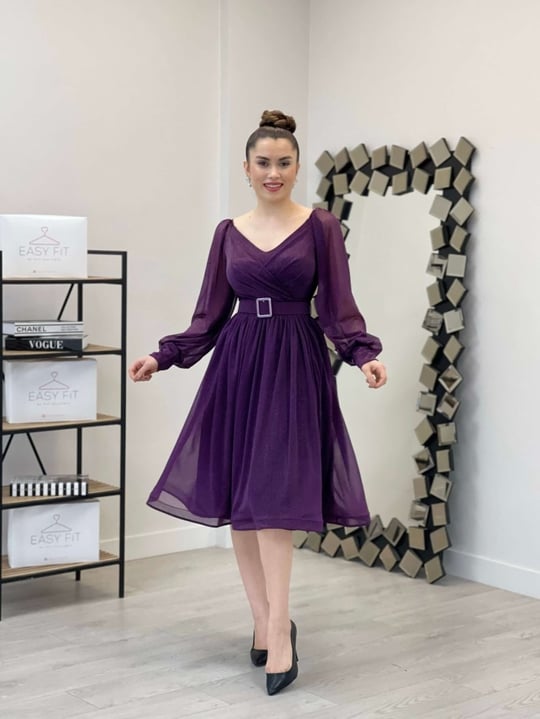 Long Sleeve Belted Tulle Dress - Purple | Giyim Masalı