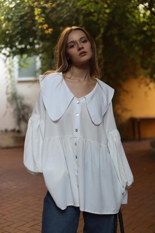 White Large Collar Balloon Sleeve Shirt - Saman Butik