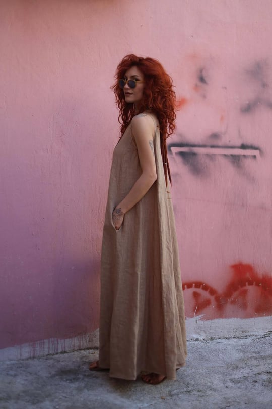 Camel Color Crew Neck Sleeveless Linen Dress - Saman Butik Camel Color Crew Neck Sleeveless Linen Dress - Saman Butik