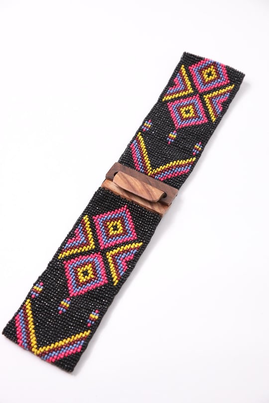 Brick Color Wooden Buckle Detailed Beaded Elastic Belt  display picture 1