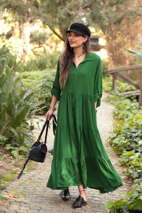 Yeşil Arkası Pileli Önü Full Düğmeli Gömlek Elbise - Şaman Butik - Bohem  Giyim ve Aksesuar | Kadın & Erkek