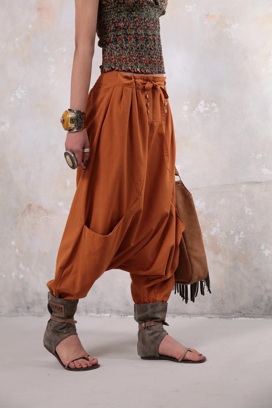 Orange Buttoned Bohemian Drop Crotch Pants - Saman Butik | Shop Online