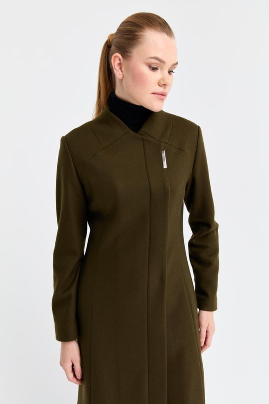 Çıt Çıt Düğmeli Yakasız Kaban Haki