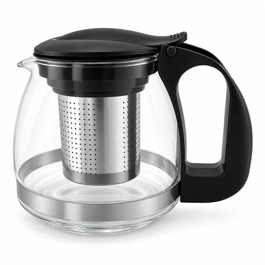 Çelik Süzgeçli Cam Demlik 700 ml - Siyah Kapaklı ve Saplı Çay Demliği