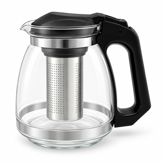 Çelik Süzgeçli Cam Demlik 1500 ml - Siyah Kapaklı ve Saplı Çay Demliği