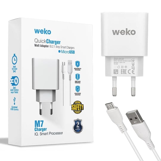 Hızlı Şarj Adaptörü + Micro USB Kablo Weko WK-21436 M7 2.1A (Beyaz)