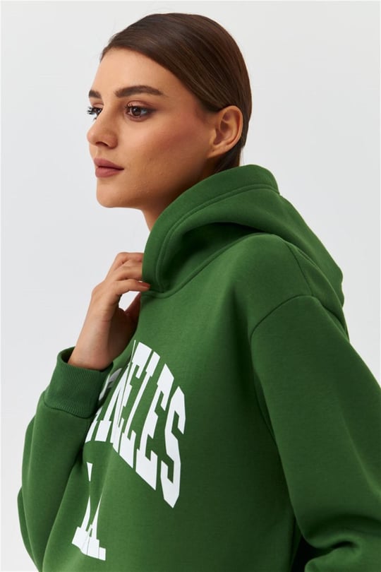 Kapüşonlu Baskılı Koyu Yeşil Kadın Sweatshirt