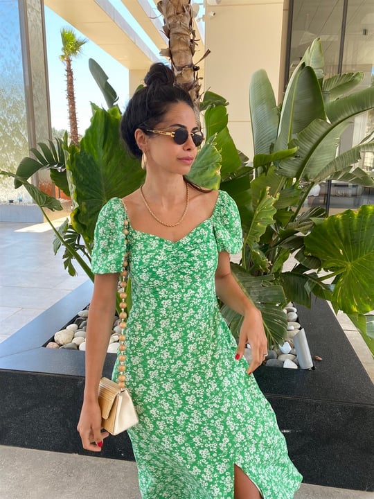 Yeşil Çiçekli Yırtmaçlı Elbise - Deep Atelier