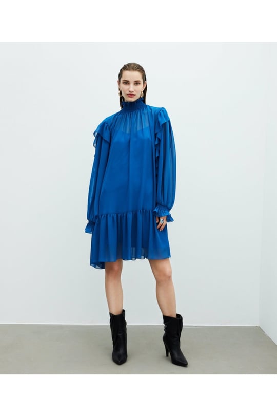 İPEKYOL Mavi Fırfır Şeritli Elbise