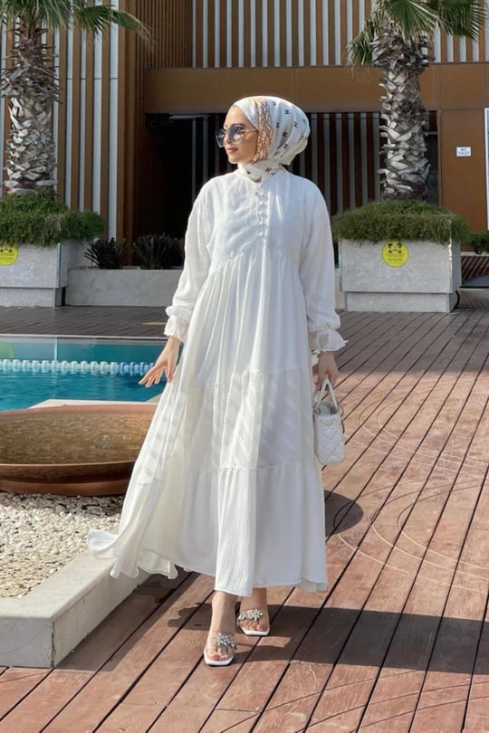 Düğmeli Brode Elbise Beyaz – Haza Moda | Tesettür Giyim