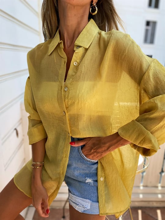 Şeffaf Tasarımlı Oversize Sarı Kadın Gömlek - Bolesa Suadiye