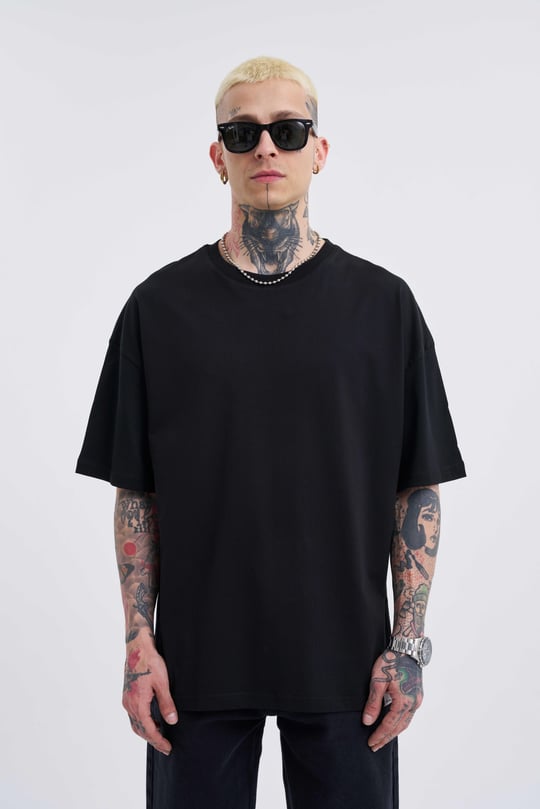 Erkek Basic Super Pamuklu Oversize Siyah Ti ort Machinist