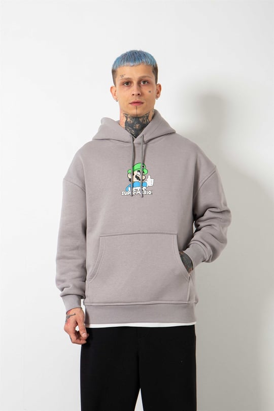 Erkek The Super Mario Bask l Kapu onlu Oversize Siyah Sweatshirt Machinist