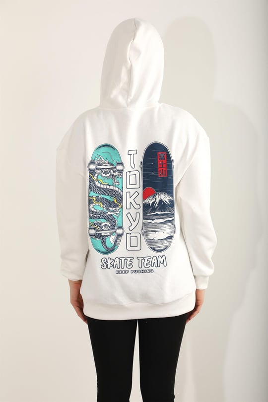 Kad n Tokyo Skate Team Bask l Kapu onlu Oversize Sweatshirt Zincir Moda