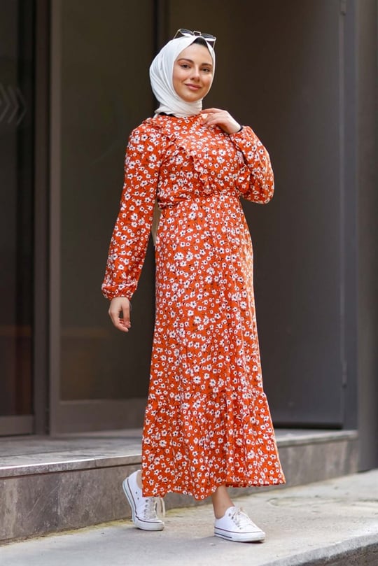 Fırfır Detaylı Çıtır Çiçek Desen Elbise - Turuncu