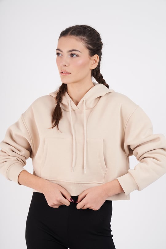 Kapüşonlu Şardonlu Basic Kısa Sweatshirt Taş - Ambar Giyim