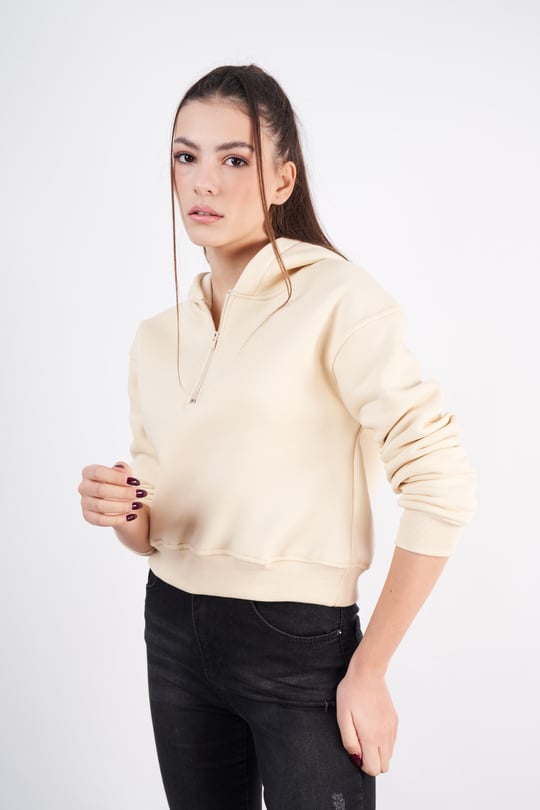Kapüşonlu Şardonlu Fermuar Detaylı Sweatshirt Ham - Ambar Giyim