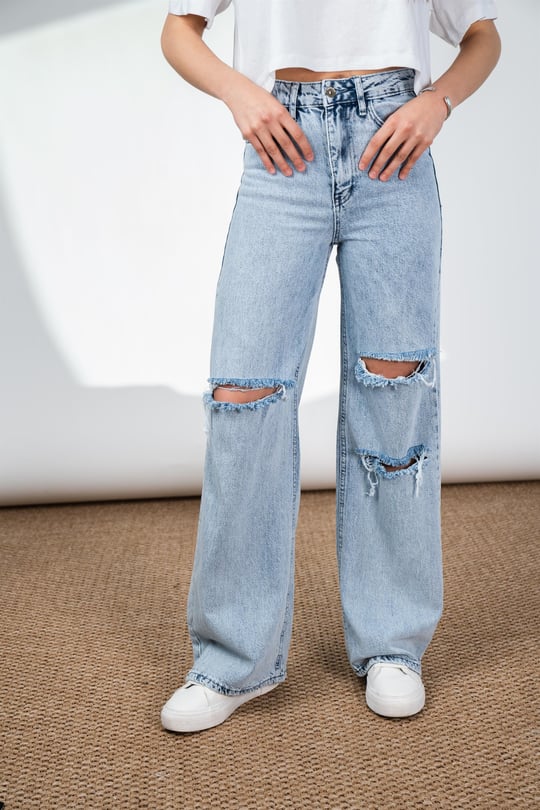 Yüksek Bel Retro Salaş Yırtık Jean Pantolon - Ambar Giyim