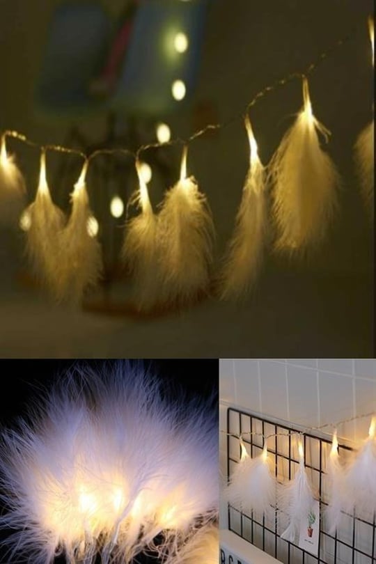 BUFFER® Dekoratif Beyaz Kuş Tüyü Dekoratif Şerit Led Pilli Işık Zinciri