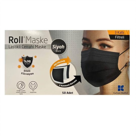 Roll 3 Katlı 10'lu Paketlenmiş Siyah Cerrahi Maske Telli 50'li |  ozekpharma.com