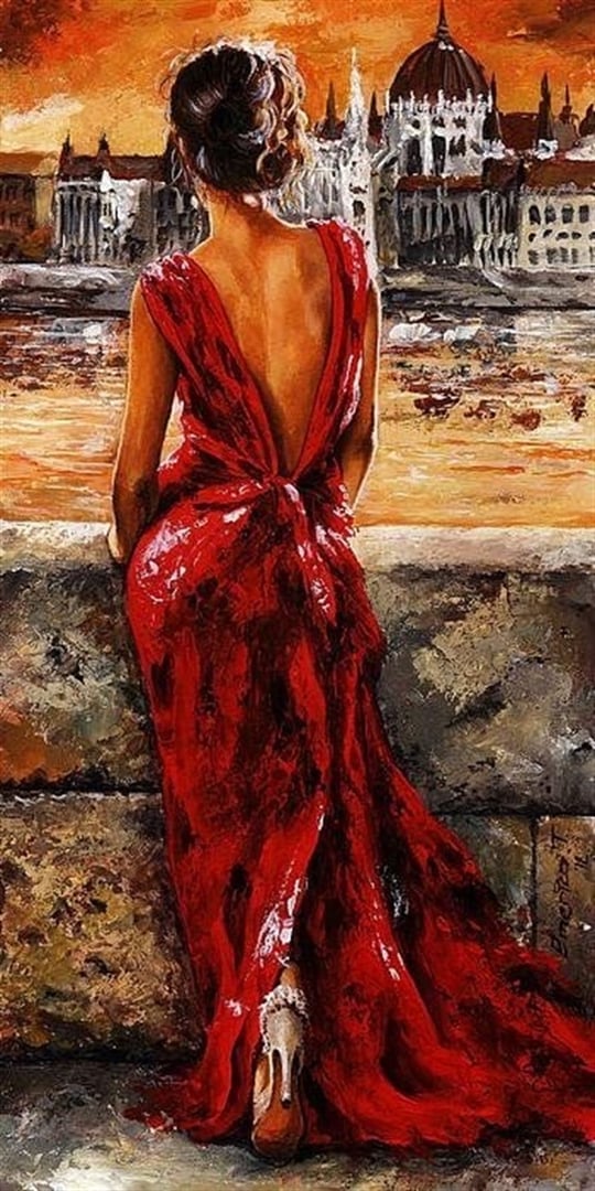 Kırmızılı Kadın Yağlı Boya Elmas Mozaik Tablo 56X79cm | Marcel Sanat