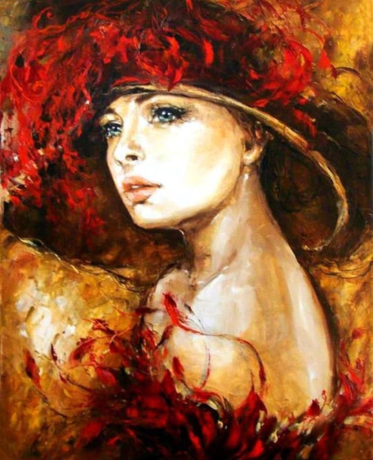Kırmızılı Kadın Yağlı Boya Elmas Mozaik Tablo 56X79cm | Marcel Sanat
