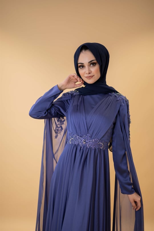 Pelerin Kol İşlemeli Bel Detay Mavi Tesettür Abiye Elbise - egelin