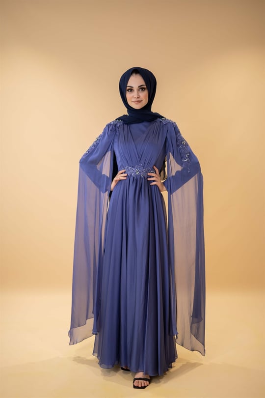 Pelerin Kol İşlemeli Bel Detay Mavi Tesettür Abiye Elbise - egelin