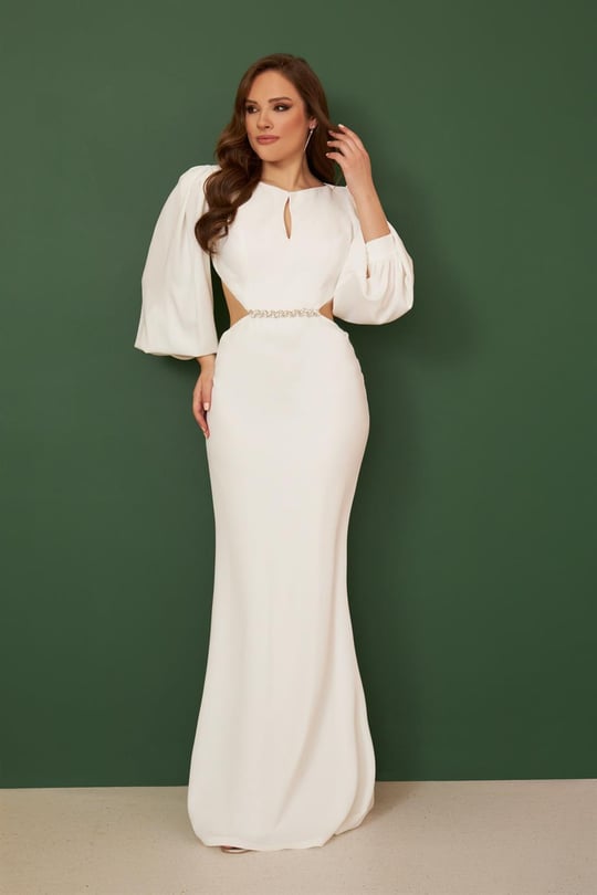 Carmen Ekru Krep İşlemeli Balon Kollu Uzun Nikah Elbisesi