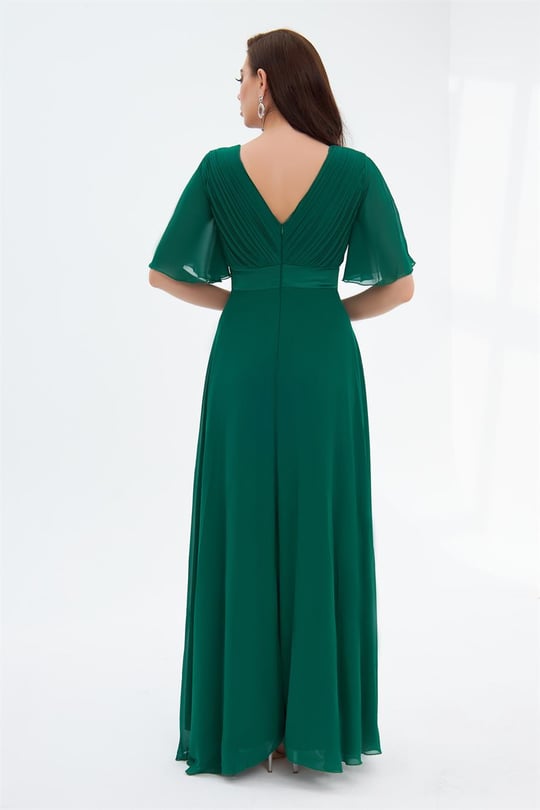 Carmen Yeşil Şifon Piliseli Uzun Abiye Elbise