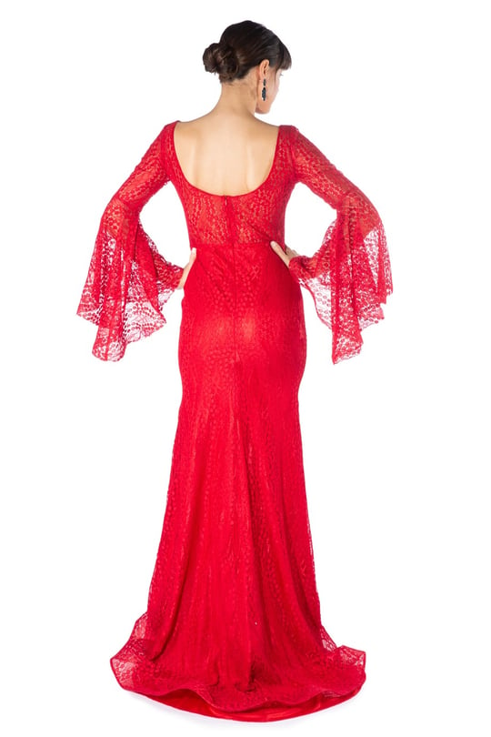 Carmen Kırmızı Kolları Volanlı Dantelli Balık Abiye Elbise