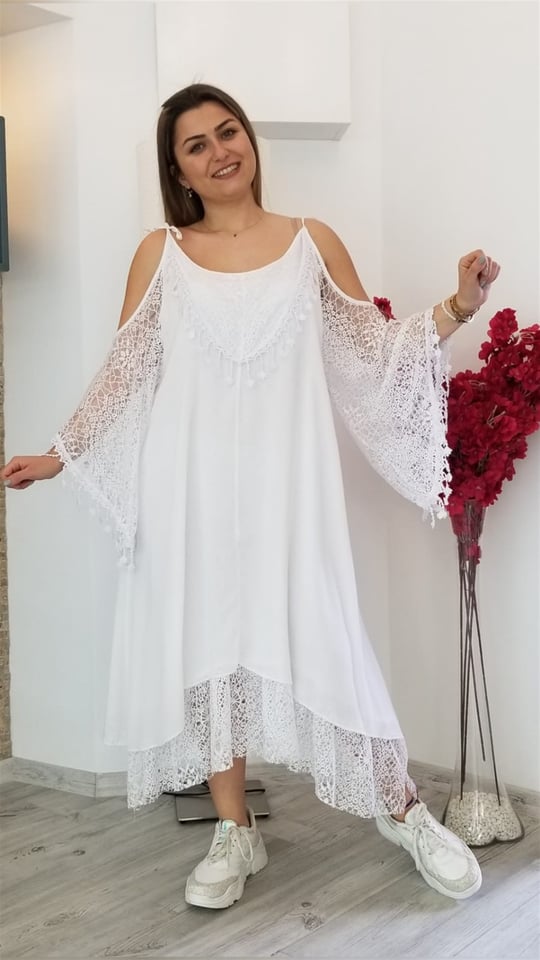 Beyaz İtalyan Omzu Açık İçi Astarlı Fisto Detaylı Elbise
