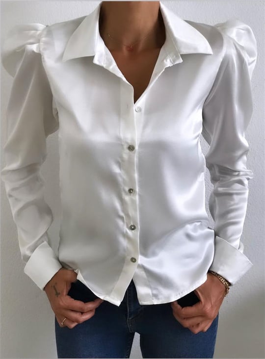 Beyaz Renk Prenses Kol Tam Kalıp Tasarım Saten Gömlek
