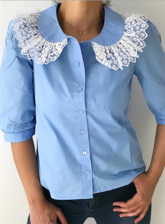 Mavi Renk Yakası Beyaz Dantelli Kısa kol Gömlek - Yaz Gündoğan Butik