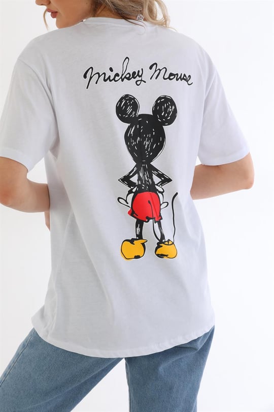 Beyaz Mickey Mouse Baskılı Oversize Kadın T-Shirt - Binbirbutik