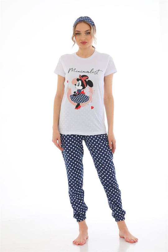 Beyaz Uyku Bantlı Minnie Mouse Baskılı Puantiyeli Kadın Kısa Kol Pijama  Takımı - Binbirbutik