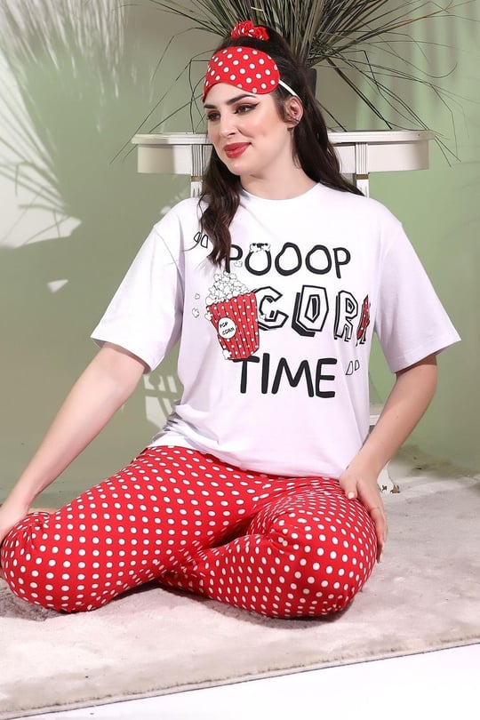Beyaz Uyku Bantlı Popcorn Baskılı Salaş Kadın Kısa Kol Pijama Takımı -  Binbirbutik