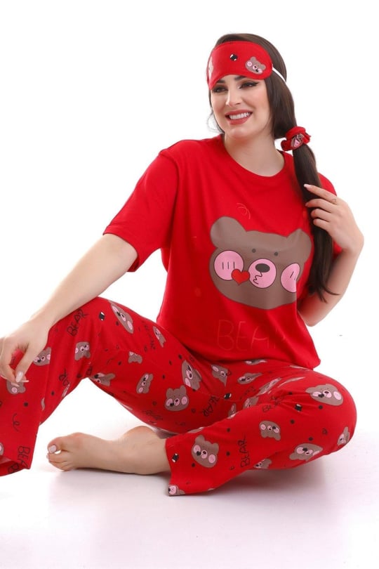 Kırmızı Uyku Bantlı Bear Baskılı Salaş Kadın Kısa Kol Pijama Takımı -  Binbirbutik
