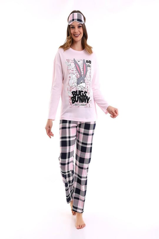 Pembe Uyku Bantlı Baskılı Salaş Uzunkol Kadın Pijama Takımı - Binbirbutik