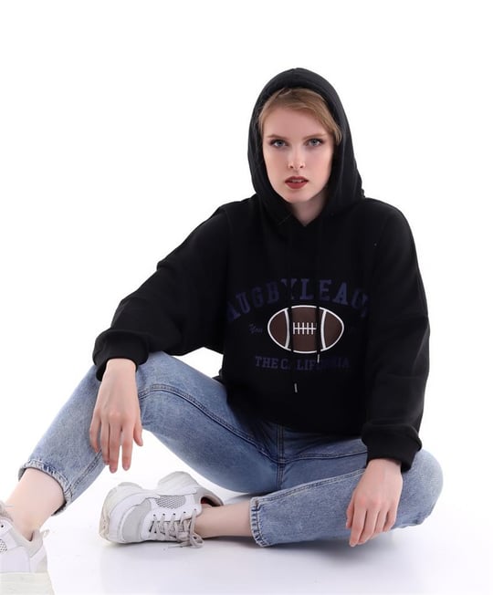 Siyah Rugby Bask l Kapu onlu Sweatshirt Binbirbutik