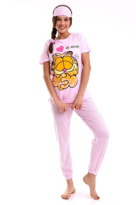 Uyku Bantlı Garfield Baskılı Kadın Kısa Kol Pijama Takımı - Binbirbutik