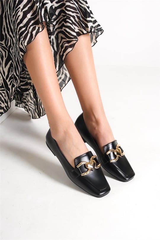 Capone Flat Toe Women Black Loafers With Metal Heart Buckle Accessory