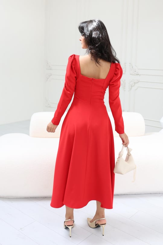 طول ميدي فستان مع تفاصيل الثدي حمراء - reyontoptan.com