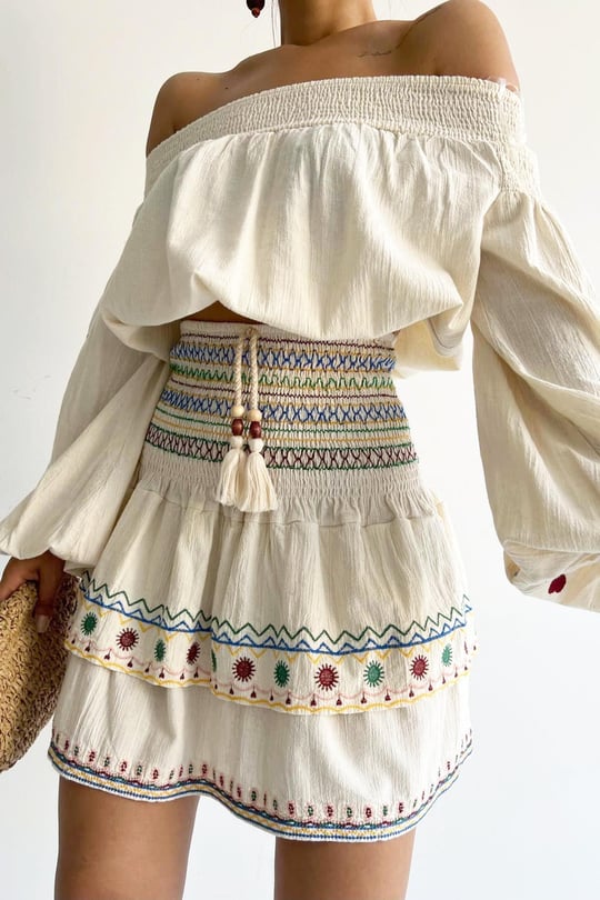 Colorful Embroidered Waist Gimped Skirt Ecru reyontoptan