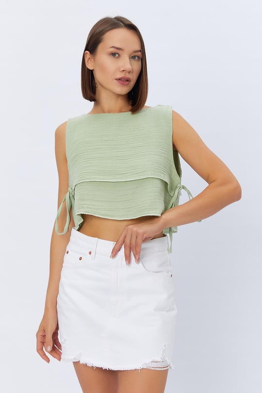 Yanlar pli Crop Bluz M NT Reyon Toptan
