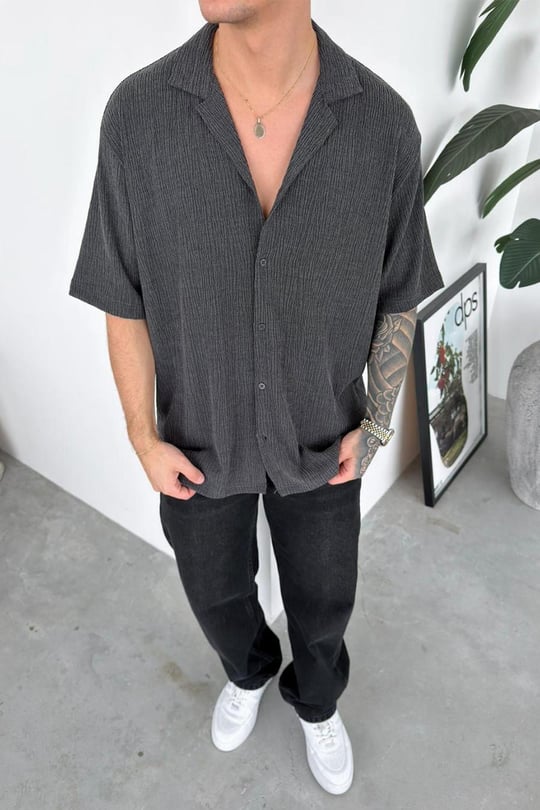 Antrasit Fitilli Basic Relaxed Kısa Kollu Gömlek