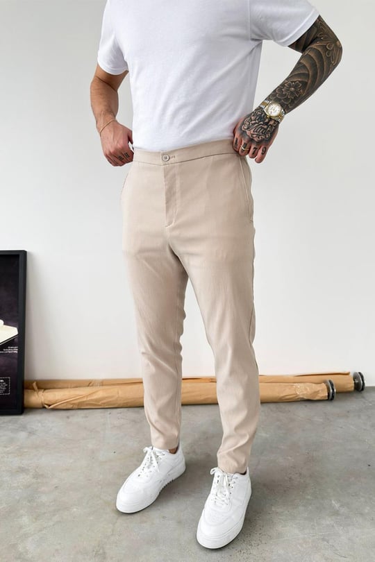 Bej Tensel Kumaş Regular Fit Pantolon