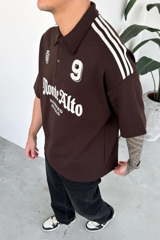 Kahverengi Monte Baskılı Oversize Polo Yaka Tişört
